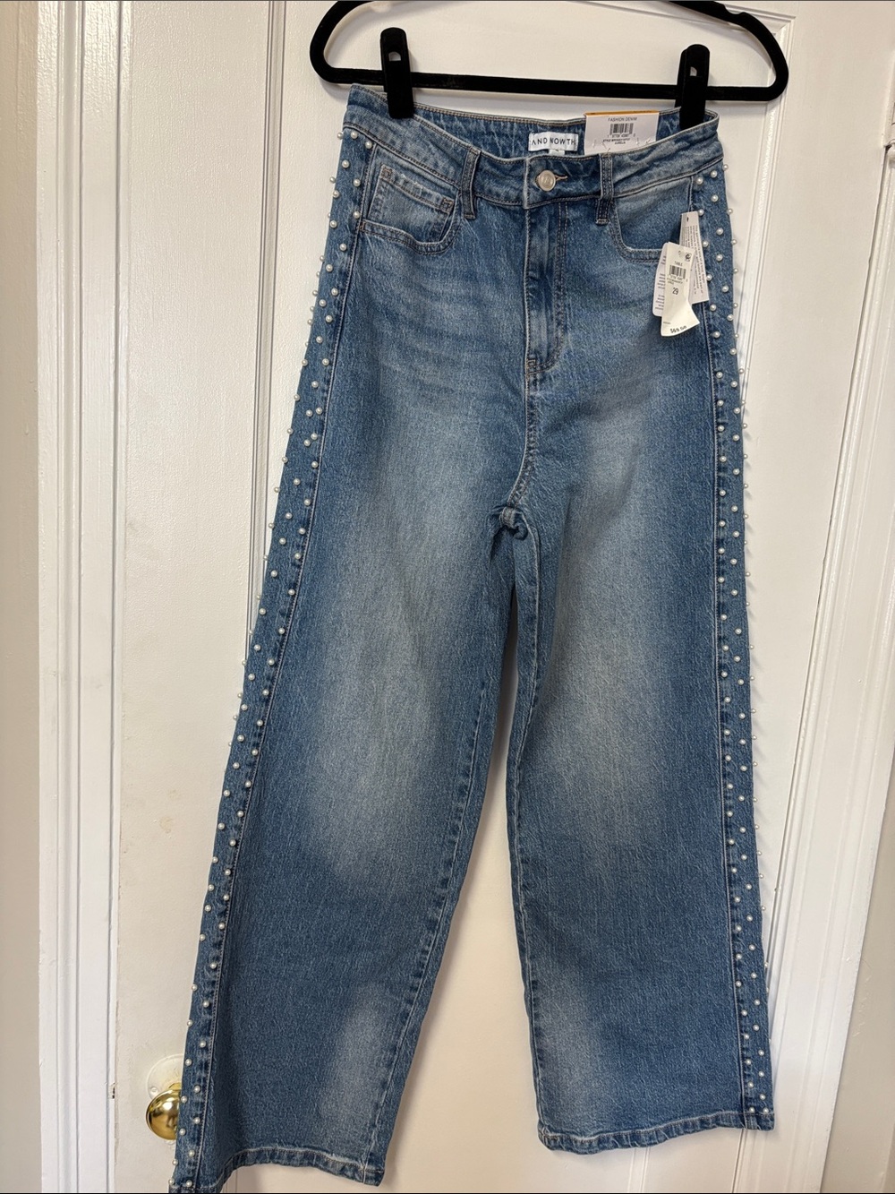 High-Rise Wide Leg Pearl-Trim Denim Jeans - Light Blue